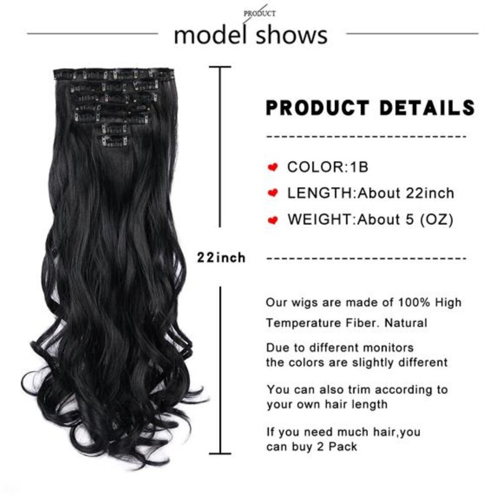 22 Inch Clip In Hair Extensions 7 PCS Long Wavy Synthetic Black Hair Extension - Picture 2 of 7